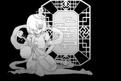  1girl asymmetrical_bangs asymmetrical_sleeves bare_legs black_background china_dress chinese_clothes closed_mouth collared_dress dot_nose downturned_eyes dress flats frilled_dress frilled_sleeves frills full_body greyscale hagoromo hair_over_one_eye hashtag-only_commentary hat hat_ornament high_collar highres instrument lattice long_dress long_sleeves looking_at_another mini_hat mini_top_hat mismatched_sleeves monochrome music no_shoes original ouki_shin'ya pipa_(instrument) playing_instrument puffy_short_sleeves puffy_sleeves shawl short_hair short_sleeves side_slit simple_background single_bare_arm smile solo top_hat touhou treasure_castle_labyrinth weihe_wuya_xiang_zhuo_tai wide_sleeves yin_yang 