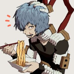  1boy black_shirt blue_hair boku_no_hero_academia bowl chopsticks commentary commission english_commentary food highres holding holding_chopsticks ironicnotsavage long_sleeves looking_at_viewer male_focus noodles notice_lines open_mouth red_eyes scar scar_on_face scar_on_mouth severed_hand shigaraki_tomura shirt short_hair solo upper_body wrinkled_skin 