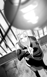  1405_f 1girl artist_name bangs_pinned_back black_kimono commentary folded_ponytail gintama hadanugi_dousa highres holding holding_smoking_pipe japanese_clothes kimono kiseru kunai monochrome scar scar_on_cheek scar_on_face signature sleeveless sleeveless_kimono smoking_pipe solo tsukuyo_(gintama) twitter_username untranslatable_commentary weapon 