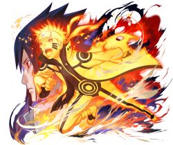  2boys black_hair black_shirt blonde_hair boots collared_jacket colored_skin facial_mark fiery_aura forehead_protector high_collar jacket konohagakure_symbol magatama magatama_print male_focus multiple_boys naruto_(series) naruto_shippuuden naruto_shippuuden:_ultimate_ninja_blazing official_art open_mouth pants red_eyes sharingan shirt short_hair spiky_hair teeth uchiha_sasuke upper_teeth_only uzumaki_naruto uzumaki_naruto_(kurama_mode) yellow_boots yellow_eyes yellow_jacket 