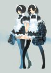  2girls artist_request black_hair blue_background bowtie character_request female hands highres holding maid maid_apron maid_headdress mechanical_arm multiple_girls short_hair simple_background thighhighs zettai_ryouiki 