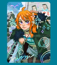  1girl aqua_border border choker closed_mouth coat commentary earrings fur-trimmed_coat fur_trim highres jewelry long_hair mimscosara nami_(one_piece) necklace one_piece orange_hair outdoors pantyhose pearl_earrings skirt smile solo violet_eyes 