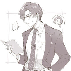  ... 1boy 1girl artem_wing_(tears_of_themis) black_jacket black_necktie book celestine_taylor closed_mouth collared_shirt commentary_request formal_clothes hand_on_own_hip highres holding holding_book jacket koeda_(k83_4) necktie reading shirt short_hair simple_background tears_of_themis upper_body white_background white_shirt 