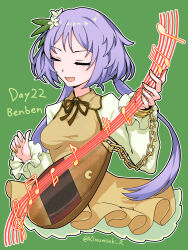  1girl :d aomurasaki_r biwa_lute black_ribbon breasts chain character_name closed_eyes commentary crescent_print dress flower frilled_dress frills green_background hair_flower hair_ornament highres holding holding_instrument instrument long_hair long_sleeves low_twintails lute_(instrument) metal_wrist_cuffs musical_note neck_ribbon open_mouth purple_hair ribbon shirt simple_background smile solo star_(symbol) touhou tsukumo_benben twintails twitter_username white_shirt yellow_dress yellow_nails 