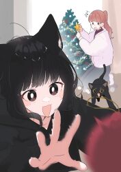  2girls :3 :d absurdres animal_ears black_cat black_eyes black_hair black_hoodie blush_stickers bright_pupils brown_eyes cat cat_ears cat_girl christmas christmas_lights christmas_ornaments christmas_tree commentary_request decorating_christmas_tree feral_instincts grey_pants highres holding_ornament hood hood_down hoodie indoors jacket long_hair long_sleeves megateru motion_blur multiple_girls open_clothes open_jacket open_mouth original outstretched_arms pants ponytail purple_skirt red_hair shirt sidelocks signature skirt slice_of_life smile socks solo_focus star_ornament surprised turtleneck turtleneck_shirt white_jacket white_pupils white_socks 