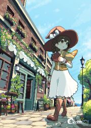  1girl bag baguette blue_sky blush_stickers boots bow braid bread brown_boots brown_hair brown_hat brown_vest building bush cafe capelet closed_mouth commentary_request day flower food full_body grocery_bag hat hat_bow highres holding holding_bag knee_boots lace-up_boots lamp lamppost long_sleeves looking_to_the_side medium_hair medium_skirt menu_board original outdoors oyuzaki_(ayuzaki) paper_bag perspective pixel_art red_capelet road round_table shirt shoelaces shopping_bag side_braid signature skirt sky sleeve_bow smile solo stool storefront street table town tree vest walking white_bow white_shirt white_skirt witch_hat 
