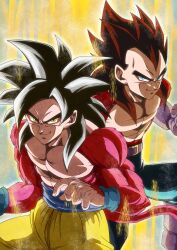  2boys black_hair blue_sash body_fur commentary_request dougi dragon_ball dragon_ball_gt dragon_ball_z_dokkan_battle gloves highres long_hair looking_at_viewer male_focus monkey_boy monkey_tail multiple_boys muscular muscular_male pants pectorals red_fur saiyan sash shuiro_art smile son_goku spiky_hair super_saiyan super_saiyan_4 tail vegeta yellow_pants 