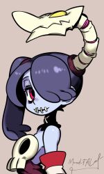  1girl artist_name bare_shoulders blue_skin colored_skin detached_collar detached_sleeves highres leviathan_(skullgirls) looking_at_viewer maud_fal medium_hair object_through_head portrait purple_hair red_eyes side_ponytail skull skullgirls squigly_(skullgirls) stitched_mouth stitches striped_sleeves yellow_eyes zombie 