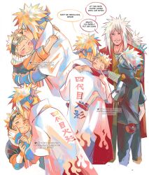  4boys affectionate black_hair father_and_son hatake_kakashi highres hokage jiraiya_(naruto) kokodrawings male_focus multiple_boys namikaze_minato naruto_(classic) naruto_(series) spiky_hair teacher_and_student uzumaki_naruto white_hair 