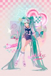  1girl absurdres aqua_butterfly aqua_eyes aqua_hair aqua_nails bandaid bandaid_on_cheek bandaid_on_face baseball_bat baseball_jersey baseball_mitt character_name checkered_background chinese_commentary commentary_request crossed_legs full_body gradient_background hand_on_own_hip hatsune_miku heart highres jersey light_blush long_hair looking_at_viewer nail_polish pink_shoes pixelated shoes socks solo sportswear twintails very_long_hair visor_cap vocaloid watermark watermark_grid white_socks xiaoyingjiang 