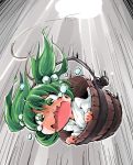  1girl bucket falling freefall green_eyes green_hair hair_bobbles hair_ornament highres in_bucket in_container japanese_clothes kimono kisume open_mouth shinapuu solo tears touhou twintails wavy_mouth yukata 