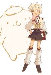  1girl animal_charm bag_charm blonde_hair braid cat_charm charm_(object) collared_shirt commentary crossbody_bag full_body genderswap genderswap_(mtf) giorno_giovanna gradient_hair hand_on_own_hip jojo_no_kimyou_na_bouken leg_warmers long_sleeves looking_to_the_side malan multicolored_hair open_mouth pink_eyes pink_hair pleated_skirt pompompurin sanrio shirt skirt sweater_vest vento_aureo 