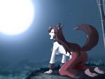  1girl all_fours animal_ears bamboo barefoot brooch brown_hair closed_eyes full_moon howling imaizumi_kagerou jewelry long_sleeves moon night open_mouth shirosato shirt skirt sky solo star_(sky) starry_sky tail touhou wide_sleeves wolf_ears wolf_tail 