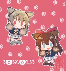  2girls :d animal_ears animal_hands black_jacket blue_eyes blush bow brown_hair brown_sweater canyon_2019 cat_day cat_ears closed_mouth commentary_request dated fang fang_out gloves hair_bow heart jacket kemonomimi_mode long_hair long_sleeves looking_at_viewer love_live! love_live!_nijigasaki_high_school_idol_club miniskirt multiple_girls nakasu_kasumi neck_ribbon nijigasaki_school_uniform open_clothes open_jacket open_mouth osaka_shizuku outline paw_gloves paw_pose paw_print paw_print_background paw_shoes pink_background pleated_skirt red_bow ribbon school_uniform short_hair skirt smile sweater v-shaped_eyebrows white_outline white_skirt winter_uniform yellow_ribbon 