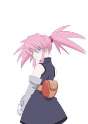  1girl artist_request belt belt_bag black_trim blue_eyes brown_belt closed_mouth coat commentary cowboy_shot elbow_gloves from_behind from_side game_cg gloves grey_coat grey_gloves long_hair looking_at_viewer official_art pink_hair presea_combatir purple_coat sleeveless sleeveless_coat solo tales_of_(series) tales_of_asteria tales_of_symphonia third-party_source transparent_background twintails 