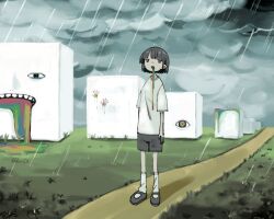  1girl arms_at_sides black_hair black_shoes black_shorts clouds cloudy_sky commentary_request grass handprint highres jitome kodama_madako landscape mary_janes no_pupils open_mouth original outdoors path rain shirt shoes shorts sky socks solo standing surreal t-shirt vomiting vomiting_rainbows white_shirt 