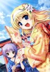  2girls :3 :d absurdres bekkankou blonde_hair blue_eyes brown_eyes clouds copyright_name daitoshokan_no_hitsujikai english floral_print flower hagoita hair_flower hair_ornament hairband highres ios_wallpaper japanese_clothes kimono lavender_hair misono_senri multiple_girls new_year open_mouth paddle sky smile sunbeam sunlight suzuki_kana torii 