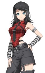  1girl arm_warmers armlet bang_dream! bang_dream!_it's_mygo!!!!! baseball_cap black_hair black_hat black_necktie black_pants blue_eyes breasts closed_mouth commentary hat highres jewelry long_sleeves looking_at_viewer medium_breasts medium_hair necktie noshimurin pants plaid_clothes plaid_shirt red_shirt shirt simple_background sleeveless sleeveless_shirt solo striped_arm_warmers white_background yahata_umiri 