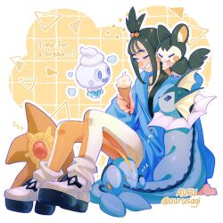  1girl aurusagi black_hair blue_hoodie breasts choker clauncher closed_eyes commentary cube_hair_ornament emolga english_commentary floating hair_ornament holding holding_ice_cream_cone hood hood_down hoodie ice_cream_cone leggings lida_(pokemon) long_hair long_sleeves on_shoulder open_mouth orange_leggings pokemon pokemon_(creature) pokemon_legends:_z-a pokemon_on_shoulder ribbed_socks shirt shoes sleeping smile socks staryu teeth topknot two-tone_legwear vanillite vaporeon white_choker white_leggings white_shoes white_socks wispy_bangs zzz 