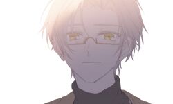  1boy black_sweater brown_jacket closed_mouth commentary_request highres jacket koeda_(k83_4) looking_at_viewer male_focus mole mole_under_eye semi-rimless_eyewear short_hair simple_background smile solo sweater tears_of_themis turtleneck turtleneck_sweater vyn_richter_(tears_of_themis) white_background white_hair yellow_eyes 