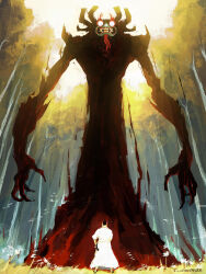  2boys aku_(samurai_jack) artist_name confrontation english_commentary fangs forest full_body gabriela_camarillo green_lips height_difference horns japanese_clothes kimono monster multiple_boys multiple_horns nature outdoors samurai_jack samurai_jack_(character) shadow tusks white_kimono 