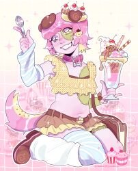  1girl absurdres beebeedibapbeediboop belt blonde_hair blunt_bangs blush borrowed_character collar colored_inner_hair crop_top detached_sleeves dog_tail draw_this_in_your_style_challenge food grin highres holding holding_spoon ice_cream miniskirt multicolored_hair original patchwork_skin pink_hair pink_theme pompompurin sanrio short_hair skirt smile spoon tail thigh-highs 