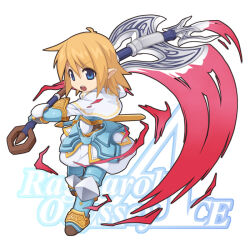  1girl armor armored_boots attack_trail axe battle_axe blue_armor boots capelet copyright_name double-sided_axe gauntlets holding holding_axe looking_at_viewer open_mouth pointy_ears ragnarok_odyssey_ace ragnarok_online shirt short_hair skirt solo standing standing_on_one_leg sword_warrior_(ragnarok_odyssey_ace) teeth upper_teeth_only weapon white_capelet white_shirt white_skirt yuichirou 