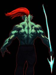  1girl back bare_back black_background colored_skin fins from_behind head_fins highres holding holding_weapon long_hair monster_girl muscular muscular_female outofuniform510 pants polearm ponytail red_hair simple_background solo spear topless_female undertale undyne utdr_(toby_fox) weapon 