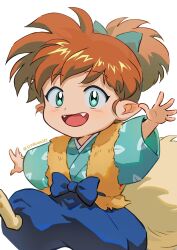  11rukawa187 1boy blue_hakama bow brown_hair commentary_request fangs fox_boy fox_tail green_eyes hair_bow hakama hakama_pants highres inuyasha japanese_clothes long_sleeves looking_at_viewer male_focus open_mouth pants pointy_ears shippou_(inuyasha) solo tail white_background 