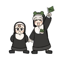  2girls :< :d black_shoes brown_hair chibi commentary diva_(hyxpk) english_commentary flag freckles frog_headband froggy_nun_(diva) grey_hair highres little_nuns_(diva) multiple_girls nun sheep_nun_(diva) shoes smile traditional_nun white_background 