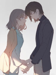  1boy 1girl absurdres black_jacket black_sweater blue_eyes blue_pajamas brown_hair character_request closed_mouth commentary_request forehead-to-forehead green_eyes heads_together hetero highres holding_hands jacket koeda_(k83_4) looking_at_another medium_hair pajamas sweater tears_of_themis 