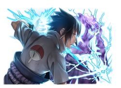  1boy black_hair chidori_(naruto) grey_jacket jacket naruto_(series) naruto_shippuuden naruto_shippuuden:_ultimate_ninja_blazing official_art red_eyes short_hair short_sleeves solo susanoo_(naruto) uchiha_sasuke uchiha_symbol upper_body 