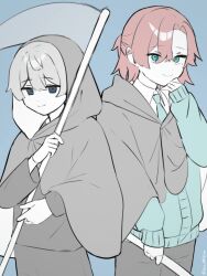  2boys aqua_eyes aqua_necktie aqua_sweater black_jacket black_pants blue_background blue_eyes cloak commentary_request gloves grey_cloak grey_hair half_updo highres holding holding_scythe hood hood_down hood_up hooded_cloak jacket kinu100kinu kuchinashi_dabi looking_at_viewer mole mole_under_eye multiple_boys necktie oshi_no_tachiba_ga_irekawaru oshi_no_taisetsuna_hito_ni_narikawaru pants red_hair scythe smile sweater tonimura_yui white_gloves 