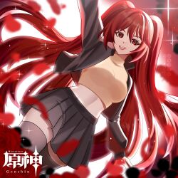  1girl :d arm_up artist_name black_jacket black_petals black_skirt black_thighhighs commission crop_top facing_viewer from_below hair_between_eyes highres indie_virtual_youtuber jacket junottore long_hair long_sleeves looking_to_the_side marryofblood open_mouth petals red_background red_eyes red_hair rose_petals second-party_source sidelocks skirt smile solo sparkle sparkle_background teeth thigh-highs two_side_up upper_teeth_only very_long_hair vgen_commission virtual_youtuber watermark white_background 