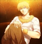  1boy blonde_hair bracelet couch fate/zero fate_(series) gilgamesh jewelry necklace red_eyes solo sparkle zihad 
