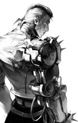  1boy belt cable closed_mouth cowboy_shot cyborg diamond_wa_kudakenai facial_mark from_behind hair_slicked_back helvetica1999 highres jojo_no_kimyou_na_bouken looking_back male_focus mechanical_arms mechanical_parts monochrome multicolored_hair nijimura_okuyasu pompadour prosthesis prosthetic_arm scar scar_on_face short_hair shoulder_spikes simple_background single_mechanical_arm solo spikes stand_(jojo) the_hand_(stand) two-tone_hair undercut upper_body white_background 