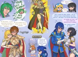  4boys 5girls absurdres ahoge anger_vein angry armor bag beanie black_hair blonde_hair blood blood_on_clothes blood_on_face blue_cape blue_hair blue_scarf blue_tunic book braid braided_ponytail breastplate brown_hair cape dress earrings electricity english_text father_and_daughter fee_(fire_emblem) fire_emblem fire_emblem:_genealogy_of_the_holy_war fire_emblem:_thracia_776 gameplay_mechanics gloves gradient_background green_hair hat head_steam headband heart highres holding holding_sword holding_weapon hoop_earrings ishtar_(fire_emblem) jewelry julia_(fire_emblem) kazuya_guy_(meme) larcei_(fire_emblem) leif_(fire_emblem) lewyn_(fire_emblem) lightning long_hair magic meme mewing_(meme) multiple_boys multiple_girls nanna_(fire_emblem) orange_tunic patty_(fire_emblem) pauldrons plait ponytail popped_collar poyodaboyo1 purple_hair purple_tunic scarf seliph_(fire_emblem) shannan_(fire_emblem) sheath sheathed short_hair shoulder_armor siblings side_slit sidelocks speech_bubble sword tomboy tunic weapon white_headband 
