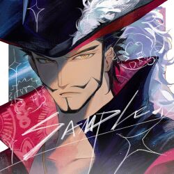  1boy black_hair black_hat black_shirt collarbone dracule_mihawk facial_hair hashtag-only_commentary hat high_collar highres looking_to_the_side lucis0407 male_focus one_piece pink_shirt plume portrait ringed_eyes sample_watermark shirt short_hair sideways_glance solo two-sided_shirt watermark yellow_eyes 