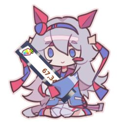  1girl absurdres amoris_(aam0ris) animal_ears belt belt_buckle blue_eyes blue_hairband blue_headband blue_jacket blue_shirt blue_shoes blush_stickers brown_outline buckle chibi closed_mouth commentary ear_covers english_commentary game_screenshot_inset gloves grey_gloves grey_hair grey_pants hair_between_eyes hair_ornament hairband happy headband highres horse_ears horse_girl horse_tail hugging_object jacket long_hair long_sleeves looking_at_viewer midriff open_belt open_clothes open_jacket outline pants puffy_long_sleeves puffy_sleeves red_headband screenshot_inset shirt shoes simple_background single_blush_sticker single_stripe sitting sleeves_past_wrists smile solid_circle_eyes solo sphere_hair_ornament striped_belt sweatpants tail tamamo_cross_(fast_as_lightning)_(umamusume) tamamo_cross_(umamusume) track_jacket two-tone_headband umamusume very_long_hair wariza white_background white_belt 