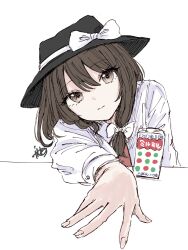  1girl arm_rest black_hat bow brown_eyes brown_hair closed_mouth commentary drink_carton drink_request hair_between_eyes hair_bow hat hat_bow highres kashiwada_kiiho long_sleeves looking_at_viewer necktie partially_translated red_necktie shirt signature smile solo table touhou translation_request usami_renko white_background white_shirt 