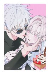  1boy 1girl aisurusatoru blue_eyes border bow colored_eyelashes crepe earrings food frilled_shirt_collar frilled_sleeves frills fruit gojou_satoru hair_intakes highres jewelry jujutsu_kaisen licking licking_another's_cheek licking_another's_face looking_at_another open_mouth original parted_bangs pink_background pink_eyes pink_hair second-party_source strawberry stud_earrings sunglasses tongue tongue_out white_border white_bow white_hair 