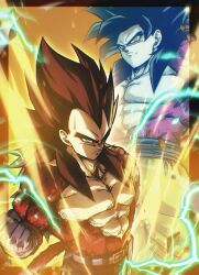  2boys black_hair blue_sash body_fur commentary_request dougi dragon_ball dragon_ball_gt dragon_ball_z_dokkan_battle gloves hashagu long_hair looking_at_viewer male_focus monkey_boy monkey_tail multiple_boys muscular muscular_male pants pectorals red_fur saiyan sash smile son_goku spiky_hair super_saiyan super_saiyan_4 tail vegeta yellow_pants 