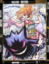  1girl armor bangle bare_shoulders bracelet chris_metzner clima-tact commentary crossover earrings feet_out_of_frame floating_hair floral_print flower gengar hair_flower hair_ornament highres holding holding_staff japanese_armor japanese_clothes jewelry kimono long_hair marker_(medium) nami_(one_piece) official_alternate_costume one_piece open_mouth orange_eyes orange_hair outstretched_hand photoshop_(medium) pokemon pokemon_(creature) print_kimono red_kimono red_shoes sash shoes shoulder_tattoo signature sleeveless sleeveless_kimono sparkle staff tattoo traditional_media twitter_username 