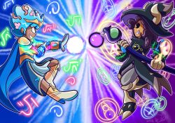  2girls absurdres aerial_battle alternate_form amphibia anne_boonchuy anne_boonchuy_(calamity_form) armor asymmetrical_bangs battle black_fur black_sclera blue_eyes blue_hair breastplate brown_hair claws colored_sclera crossover dark-skinned_female dark_skin demon_girl demon_horns eclipse fang glowing glowing_hair glowing_leaves glyph hat highres horns horns_through_headwear horns_through_hood leaf leaf_on_head long_hair lunar_eclipse luz_noceda luz_noceda_(titan) multicolored_hair multiple_girls pleated_skirt purple_hair purple_suit roots_(hair) shoes short_hair skirt smile staff suit sunmellows the_owl_house toad_armor_(amphibia) toon_(style) witch_hat yellow_eyes yellow_shoes 