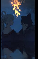  2girls absurdres animal_ear_fluff animal_ears blue_kimono blush cho_kaguya-hime! closed_eyes closed_mouth commentary english_commentary fox_ears fox_girl hair_rings hands_on_another's_cheeks hands_on_another's_face highres japanese_clothes kimono long_hair multiple_girls off_shoulder reflection rnna runami_yachiyo sakayori_iroha unfinished white_hair 