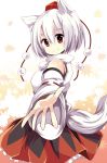  1girl animal_ears bare_shoulders detached_sleeves hat inubashiri_momiji looking_at_viewer matsuri_uta outstretched_hand red_eyes short_hair silver_hair smile solo tail tokin_hat touhou wolf_ears wolf_tail 
