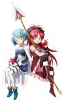  2girls apple black_legwear blue_eyes blue_hair bow cape crayon25 food fruit gloves hair_bow hair_ornament hairclip long_hair magical_girl mahou_shoujo_madoka_magica miki_sayaka multiple_girls polearm ponytail red_eyes redhead sakura_kyouko short_hair spear thighhighs weapon white_gloves white_legwear 