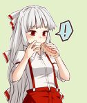  ! 1girl blush bread bust dress_shirt eating food fujiwara_no_mokou grey_hair hair_ribbon long_hair miyo_(ranthath) red_eyes ribbon shirt solo spoken_exclamation_mark suspenders touhou very_long_hair 