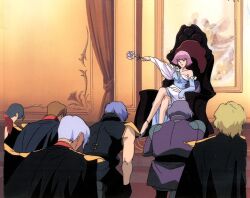  1girl cape chair commentary_request curtains dokite_tsukasa elbow_gloves flower game_cg gloves gundam gundam_gihren_no_yabou haman_karn high_heels military_uniform multiple_boys official_art pink_flower pink_hair pink_rose rose short_hair single_elbow_glove sitting zeta_gundam 