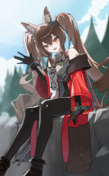  1girl :d absurdres angelina_(arknights) animal_ear_fluff animal_ears arknights arknights:_endfield bare_shoulders black_boots black_gloves black_pantyhose blush boots bracelet breasts brown_hair coat commentary crossed_bangs day diamond-shaped_pupils diamond_(shape) double-parted_bangs dress elbow_gloves feet_out_of_frame film_grain fold-over_boots fox_ears fox_girl gang_ryeol gilberta_(arknights) gloves grey_dress hair_between_eyes hand_on_ground headpiece heavy_film_grain high_collar highres impossible_clothes impossible_dress infection_monitor_(arknights) jewelry long_hair long_sleeves looking_at_viewer medium_breasts off_shoulder on_rock open_clothes open_coat orange_eyes outdoors pantyhose red_coat short_dress sitting sleeveless sleeveless_dress smile solo symbol-shaped_pupils teeth tree twintails upper_teeth_only very_long_hair waving 